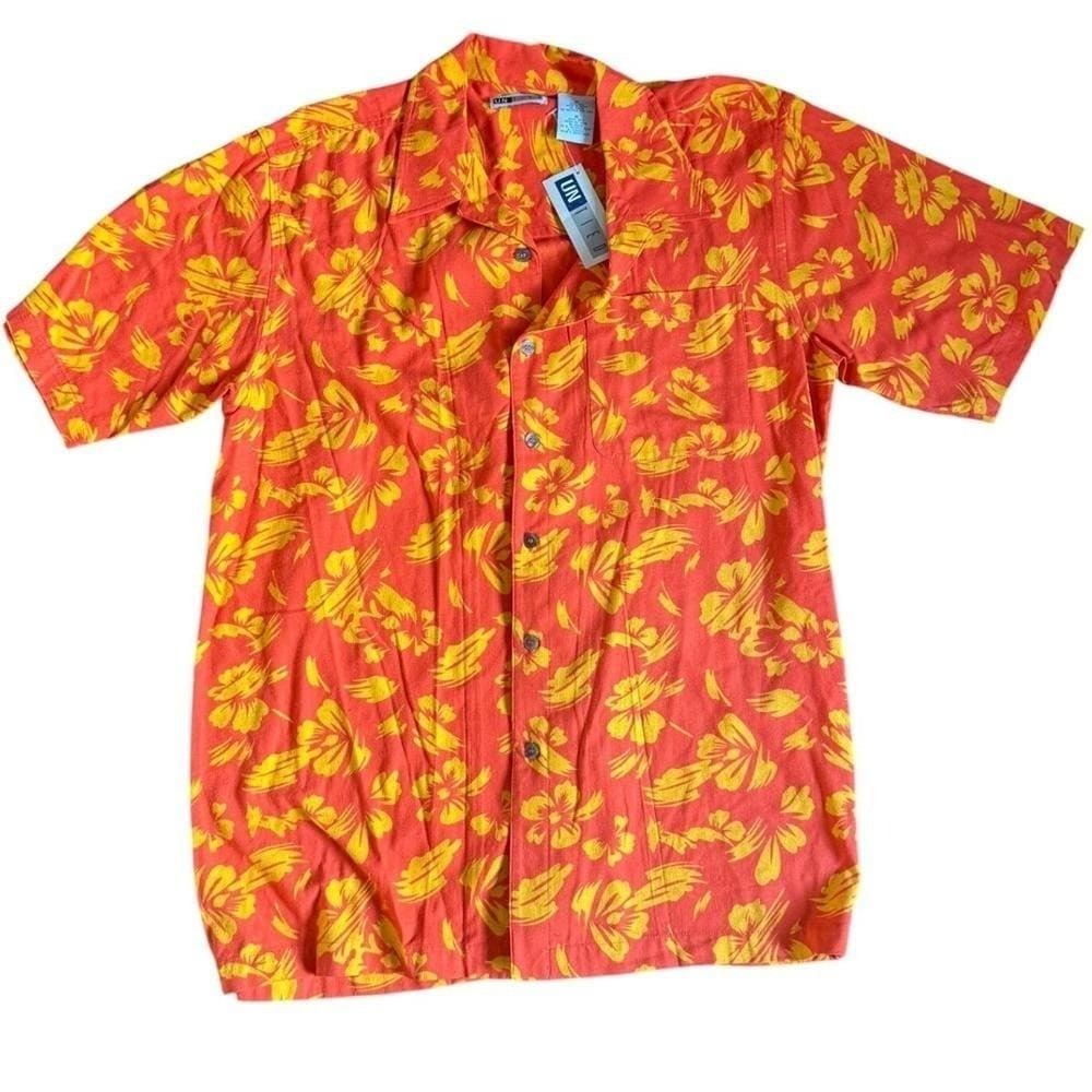 Vintage Silk Hawaiian tropical Shirt Mens Medium Orange Resort wear Shirt